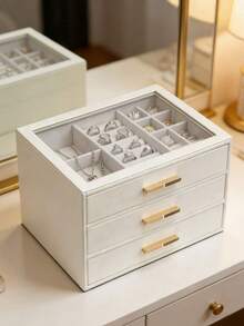 Schmuckkasten für Damen, Schmuckorganizer mit Glasdeckel, mit 3 Schubladen, für Halsketten, Ringe, Ohrringe, Armbänder, Weihnachtsgeschenk - Verschiedenfarbig - Übersicht 2