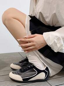 Women Vintage Patchwork De Training Sneakers Black Beige Contrast Stitching Lace Up Flat Soft Sole Walking Trainers Daily Casual Non Slip Sport Shoes - Black - View 4