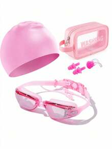 Juego de gafas de natación chapadas para adultos, con lentes antivaho HD y resistentes al agua, con protección UV - Adecuado para piscina, playa y entrenamiento, con tapones para los oídos para protección, artículos esenciales de playa, accesorios de playa, flotador de piscina - Rosa - Ver 1