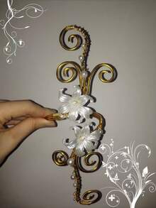 可调节金色螺旋臂环，白色花朵珍珠串珠臂环，波西米亚风格臂饰，适合派对、度假、婚礼和日常佩戴 - 白色 - 查看 2