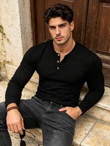 Men's Spring/Autumn New Casual Minimalist Henley Collar Long Sleeve Top, Suitable For Daily Commute And Vacation Wear - Black - View 1