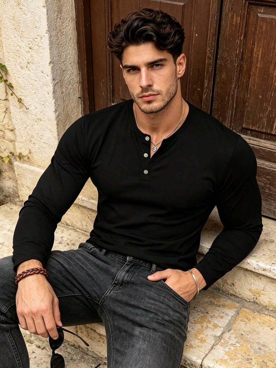 Men's Spring/Autumn New Casual Minimalist Henley Collar Long Sleeve Top, Suitable For Daily Commute And Vacation Wear - Black - View 1