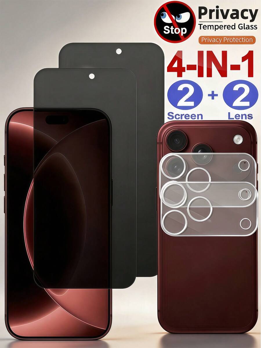 4合1 2入裝全螢幕防偷窺鋼化玻璃隱私螢幕保護貼,相容 iPhone 18Pro Max/17/16/15 Pro Max/15/14 Plus/13/12/11 Pro Max/X/XS/XR,全螢幕防偷窺玻璃膜,生日/復活節/男友/女友禮物,附 2入裝高畫質相機鏡頭保護玻璃膜 - 黑色 - 查看 1