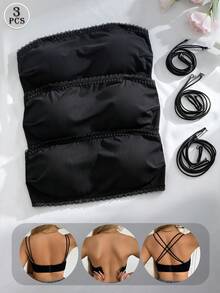 3 Pieces Set: Black Lace-Trimmed, Band-Neck, Strapless Body-Shaping Lingerie With Built-In Cups And Detachable Shoulder Straps For Women. - Black - View 3