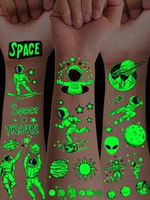 zillor 12 Sheets Luminous Astronaut Space Travel Temporary Tattoos, Glow In The Dark Planet Outer Space Travel Astronaut Spacecraft Rocketship Stars Patterns, Birthday Party Favors Supply, Decoration At Music Festival Parties & Nightclub, Lasting 2-5 Days - Green - View 3
