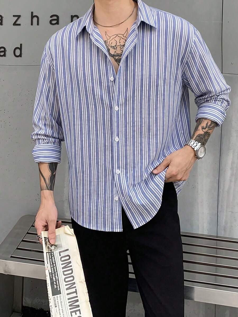 Men's Striped Single-Breasted Casual Commute Long Sleeve Shirt, Suitable For Spring, Autumn, Winter And Daily Wear - Multicolor - View 1