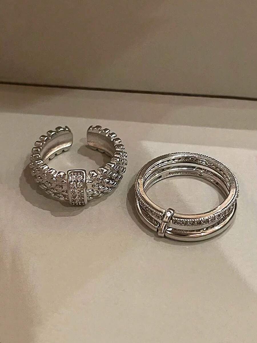 2pcs Luxury Cubic Zirconia Women's Daily Casual Stackable Ring Set