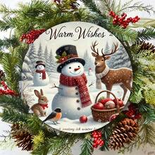 1pc Rustic Farmhouse Christmas Metal Sign, 2D Flat Printed Snowman And Friends Wreath, Suitable For Crafts, Home And Outdoor Holiday Wall Decor, 7.87 Inch Round Holiday Artwork (Random Hole Position) - A - View 6