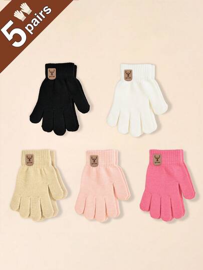 Tobelandyx 5 Pairs Kids' Knitted Gloves With Christmas Deer Pattern, 1-12 Years Old, Autumn/Winter, Warm, Elastic, Split Finger, Multi-Color, Multi-Size, Versatile For Outdoor Sports