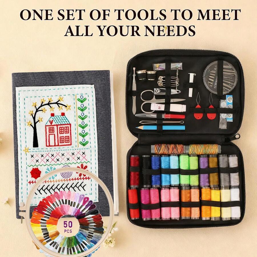 LAMYA DIY Stitch Kit Portable Sewing Kit With Linen Fabric Creative Patterns Multi-Stitch Guide For Beginners Handmade Lovers