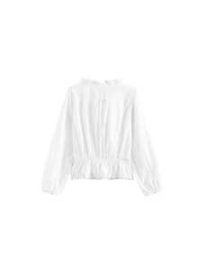 Elegant Gentle V-Neck Frill Trim Cinched Waist Casual Blouse For Women - White - View 5