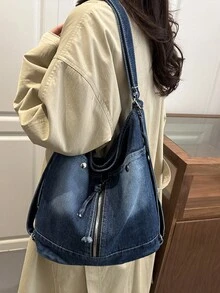 韓系時尚女款 2026 牛仔布丹寧新大容量復古休閒通勤時尚單肩托特斜跨包輕量包 - 藍色 - 查看 3