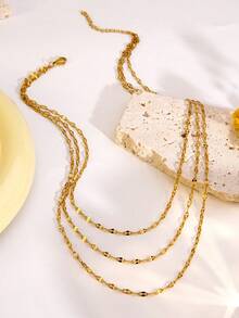 Fashion 3-Layer Women's Necklace, Delicate Thin Shiny Oval Chain Stackable Layered Necklace, Minimalist Stainless Steel Multi-Layer Neck Jewelry, Daily Party Gift - Yellow Gold - View 8
