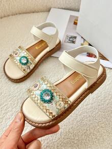 1雙女童花卉刺繡網布亮片可調節平底露趾涼鞋，適合夏季旅行與度假 - 薄荷綠 - 查看 2