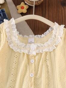 2pcs Girls Fresh Sweet Style Hollow Lace Trim Square Neck Long Sleeve Cardigan Top With Embroidered Hem Straight Leg Denim Jeans Set, Spring/Autumn - Gold - View 5