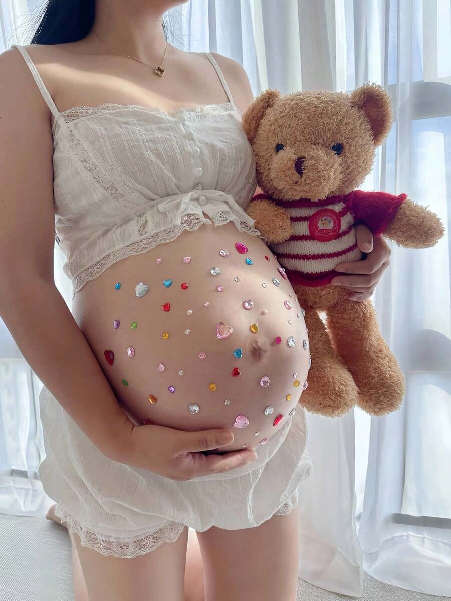 3D Sweet Style Rhinestone Bow Maternity Belly Sticker, Pregnancy Photo Prop, Glitter Body Gem Sticker, Suitable For Expectant Mothers, Baby Shower And Gender Reveal Party - Multicolor - View 1