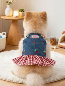 PETCIRCLE 1件寵物衣服 小狗幼犬貓用 可愛甜美風刺繡櫻桃圖案無袖背心裙 - 彩色 - 查看 2