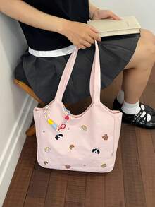 Dedoo 帆布托特包，卡通刺繡，彩色繩飾，大容量，校園背包，大學校園，休閒韓系學生單肩包 - 粉色 - 查看 7
