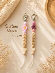 1pc Personalized Customized Name Beaded Keychain With Daisy Pendant, Cute Flower Heart Charm And Key Ring Accessory, Perfect Christmas Gift, Valentine's Day Gift, Mother's Day Gift, Back To School Gift - Daisy + Heart - View 4