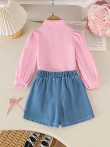 2pcs Girls Luxury Exquisite Rhinestone Embellished Turn-Down Collar Puff Sleeve Blouse And Butterfly Embroidery Denim Skirt Set, Spring/Autumn - Pink - View 3