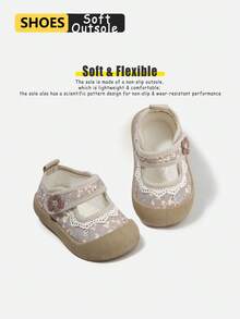 Girls' Floral Mary Jane Casual Shoes, Toddler Lace Flower Decor Hook And Loop Breathable Non-Slip Soft Sole Canvas Sneakers (Size Reference Insole, Unit: Cm) - Khaki - View 4