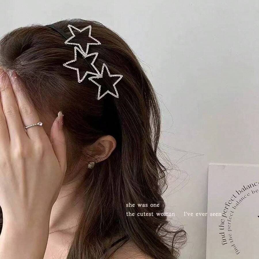 1件女款五角星水鑽合金金屬極簡甜酷防滑細髮箍,適合日常佩戴 - 黑色 - 查看 1
