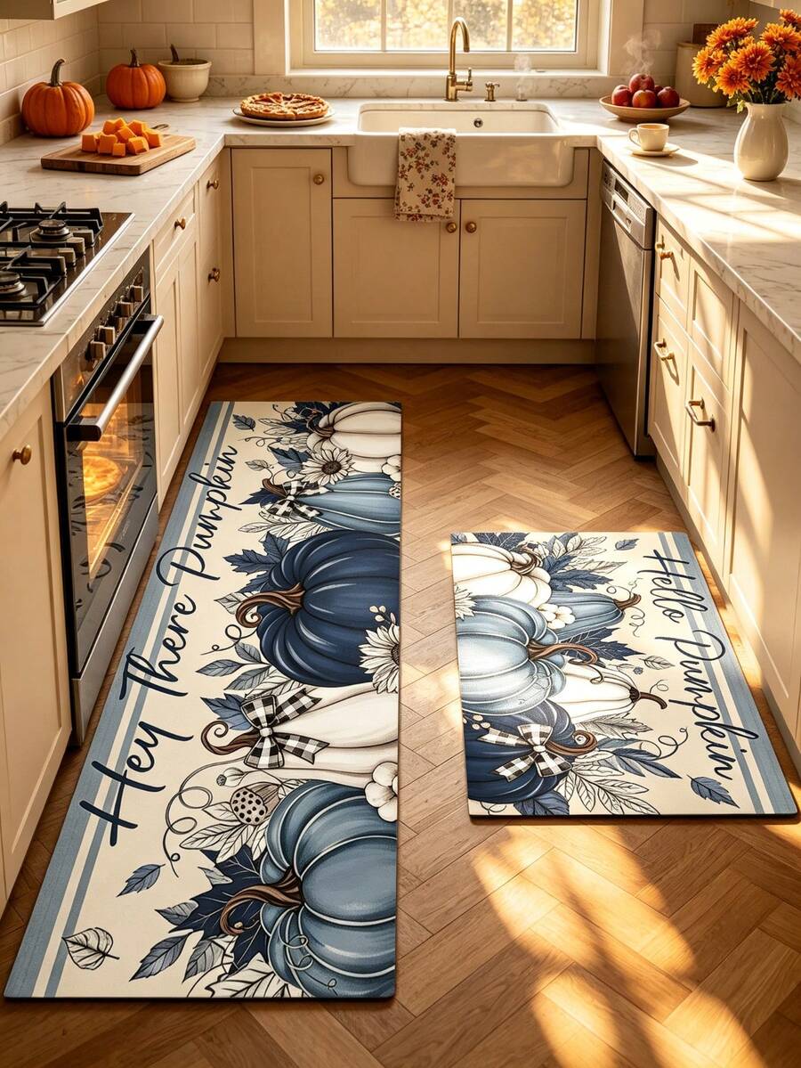 1/2 piezas Alfombra de tierra de diatomeas con patrón de calabaza y floral de Acción de Gracias, estilo vintage, súper absorbente, antideslizante, perfecta para baño, cocina y comedor, secado rápido, lavable a máquina, regalo perfecto para decoración del hogar y alfombra de baño - Multicolor - Ver 1