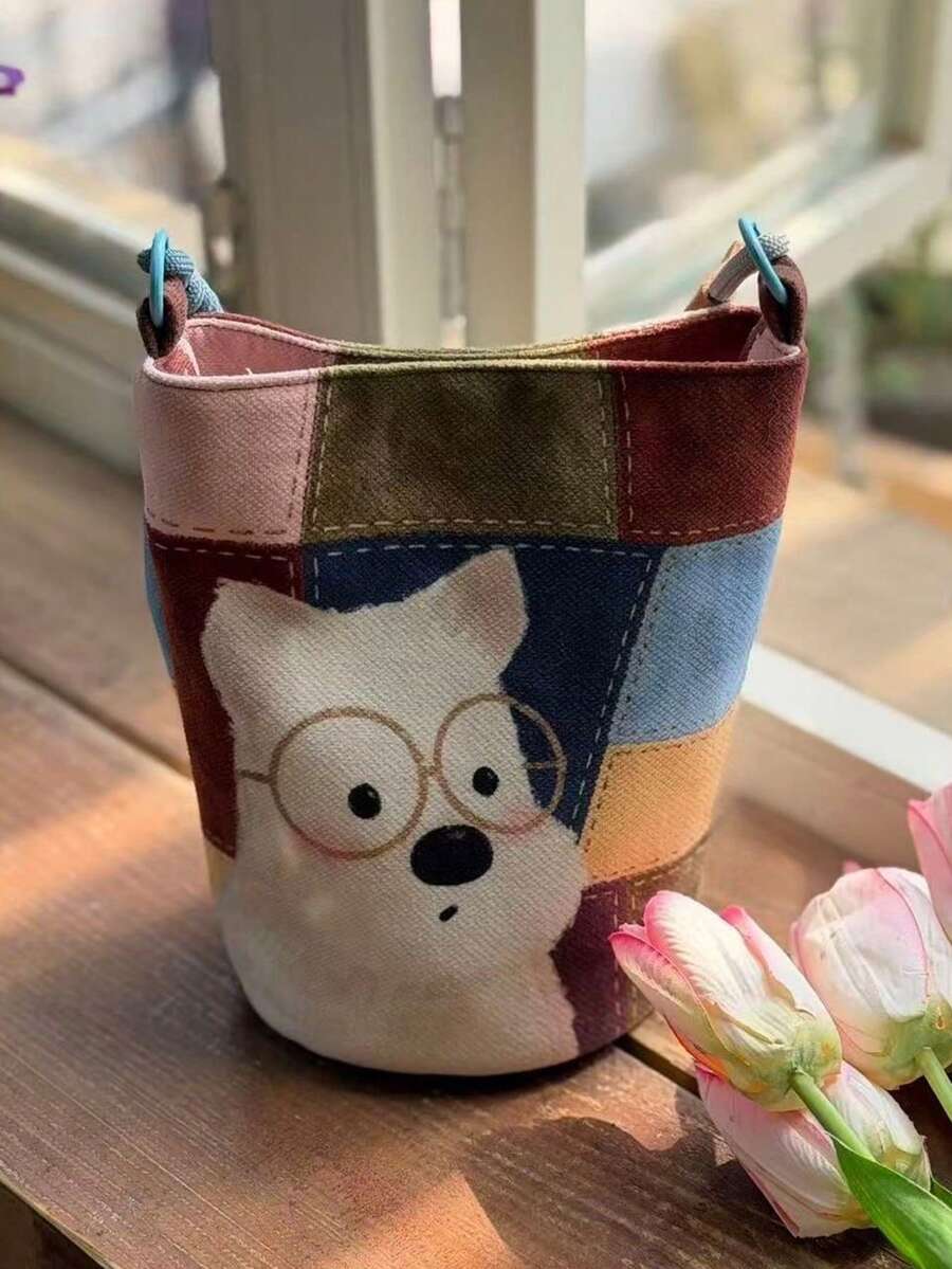 Cute Cartoon White Dog Bucket Crossbody Bag, Color Block Patchwork Splicing Canvas Shoulder Purse With Glasses Puppy Print. - Multicolor - View 1