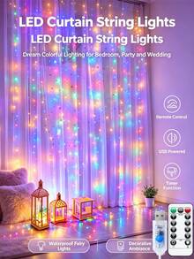 300 LED Window Curtain Lights, 9.8x9.8 Ft (Approx. 3 Meters*3 Meters), Warm Lighting, USB Powered, 8 Modes Remote Control, Hanging Lights For Bedroom, Indoor, Outdoor, Wedding Party (Color/Warm White/Pure White) - 多色 - 查看 1