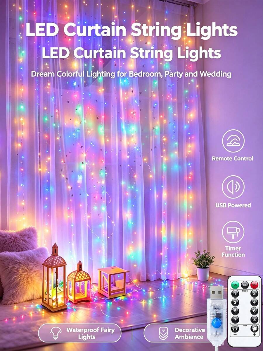 300 LED Window Curtain Lights, 9.8x9.8 Ft (Approx. 3 Meters*3 Meters), Warm Lighting, USB Powered, 8 Modes Remote Control, Hanging Lights For Bedroom, Indoor, Outdoor, Wedding Party (Color/Warm White/Pure White) - 多色 - 查看 1
