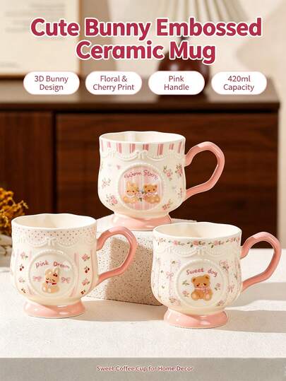 1PC Cute Bunny Embossed Ceramic Mug, 420ml Sweet Floral Pink Handle Coffee Cup, Vintage Home Decor Gift