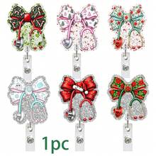 1pc Medical Bow Sequin Badge Reel Retractable ID Holder Christmas Holiday Style - Multicolor - View 1