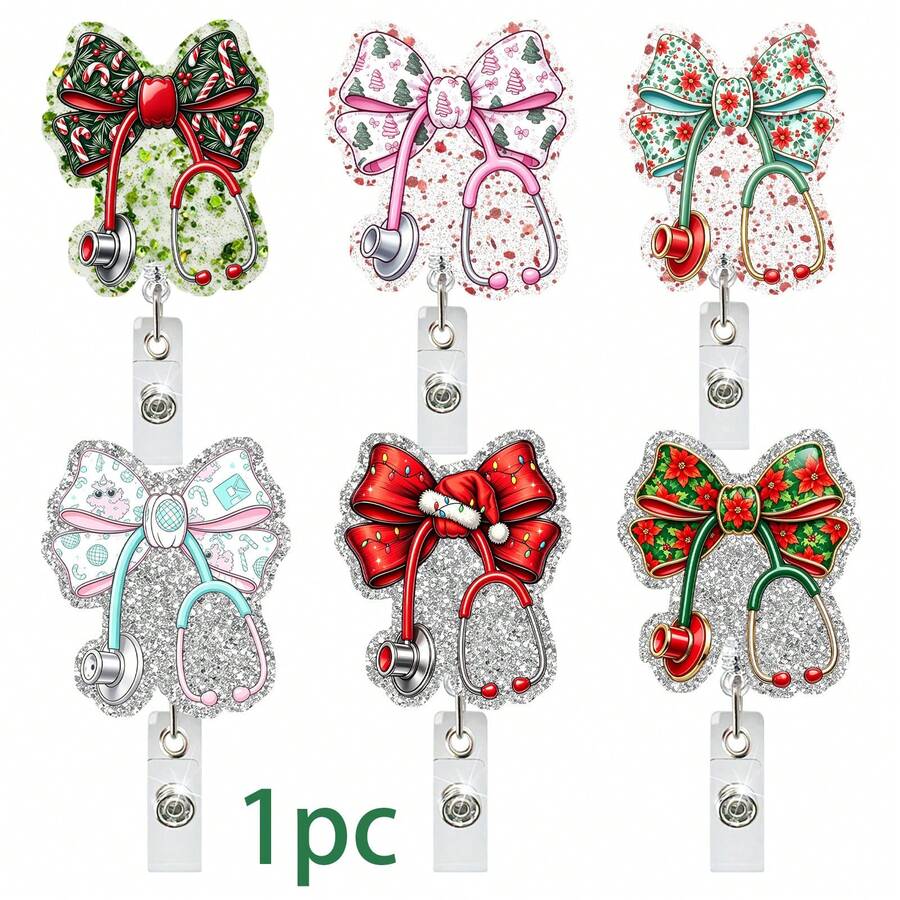 1pc Medical Bow Sequin Badge Reel Retractable ID Holder Christmas Holiday Style - Multicolor - View 1