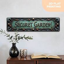 2D 平面復古壁飾牌，刻有「Secret Garden」文字，裝飾設計，適用於辦公室、商店、居家與農舍，鄉村風金屬牌，耐用且易安裝（隨機款式） - A - 查看 3