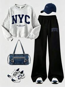 Teen Girls Letter Print Crew Neck Sweatshirt And Casual Pants Set - Grey - View 1