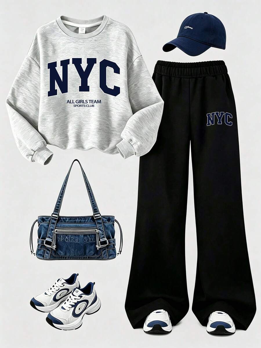 Teen Girls Letter Print Crew Neck Sweatshirt And Casual Pants Set - Grey - View 1