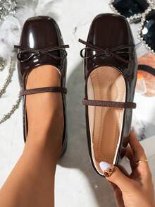 Women's Square Toe Bow Decor Brown Glossy Mary Jane Shoes Elastic Strap Slip-On Ballet Shoes Daily Flat Shoes - Brown - View 6