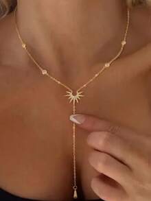 QTHOPE 1pc Rhinestone Sunflower Y-Shaped Long Tassel Necklace For Women - Gold - View 1