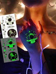 zillor 12 Sheets Luminous Astronaut Space Travel Temporary Tattoos, Glow In The Dark Planet Outer Space Travel Astronaut Spacecraft Rocketship Stars Patterns, Birthday Party Favors Supply, Decoration At Music Festival Parties & Nightclub, Lasting 2-5 Days - Green - View 5