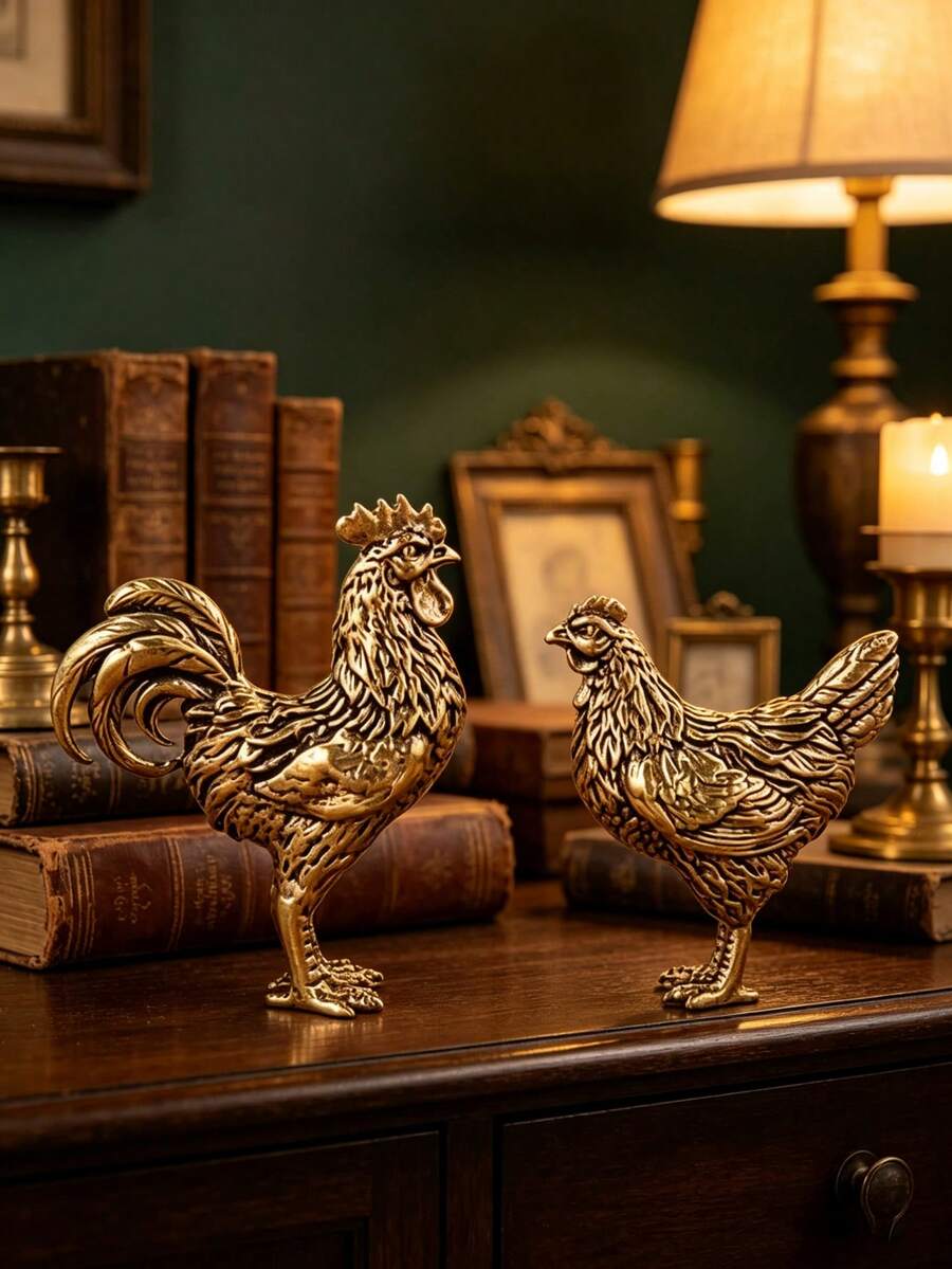 1 Peça Ornamento Vintage de Cobre do Zodíaco Chinês Galo em Par, Galo e Galinha Pet de Chá de Mesa, Colecionável de Ação de Graças, Presente Atencioso para Mulheres no Natal, Halloween e Aniversário - Vários estilos - Visão 1