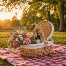 1‑Piece Standard Size Handmade Natural Wicker Picnic Basket, Rustic Country Style Woven Gift Basket With Lid & Portable Handles, Breathable Hand‑Woven Rectangular Storage Hamper For Outdoor Picnic, Party, Barbecue & Holiday Gifting - A - View 1