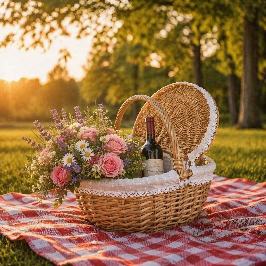 1‑Piece Standard Size Handmade Natural Wicker Picnic Basket, Rustic Country Style Woven Gift Basket With Lid & Portable Handles, Breathable Hand‑Woven Rectangular Storage Hamper For Outdoor Picnic, Party, Barbecue & Holiday Gifting - A - View 1