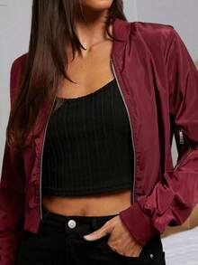 Women's Zipper Short Flight Jacket, Autumn Casual Street Style Lightweight Solid Color Regular Fit Baseball Collar Jacket - Burgundy - View 7