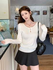 Atasan Dalaman Sweater Rajut Berongga dengan Pita Putih Gaya Korea Musim Gugur/Dingin - Putih - View 5
