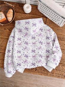 Girls Cute Purple Bow Digital Print Pullover Sweatshirt, Long Sleeve Pullover Sweatshirt With Cat Pattern, Suitable For Autumn/Winter Daily Wear - Multicolor - View 3