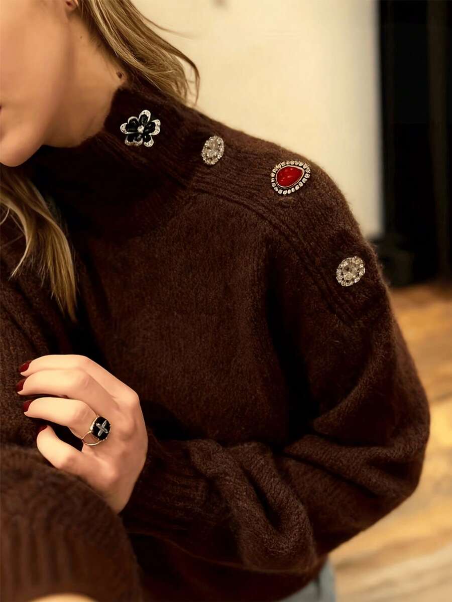 Plus Size Women's Autumn/Winter Essential High Neck Shoulder Gemstone Decor Button Long Sleeve Pullover Loose Fashion Casual Sweater, Suitable For Daily Wear