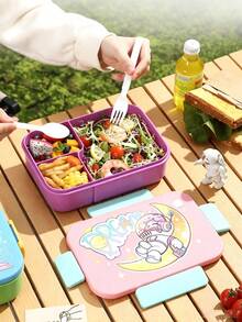 Cartoon Dinosaur Space Theme 3-Compartment Leak-Proof Bento Box, Portable Sealed Divided Lunch Box With Spoon And Fork, Food Storage Container For Students, Outdoor Picnic And Daily Office Use - Multicolor - View 3