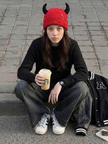 Women's Devil Horn Knit Beanie With Distressed Cuff And Metal Details For Punk Streetwear And Halloween Outfits - Devil Beanie - View 7
