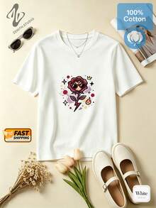 Dark Rose Mysterious Retro Baroque Pure Cotton Flame Red Rose And Lightning Print Women's Short Sleeve Party Gathering Spring/Summer - 白色 - 查看 1