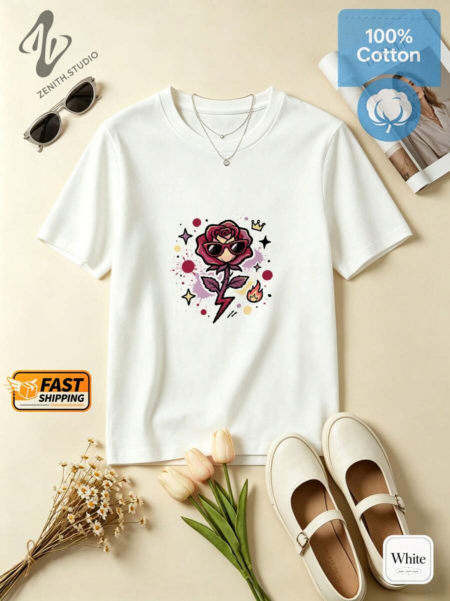 Dark Rose Mysterious Retro Baroque Pure Cotton Flame Red Rose And Lightning Print Women's Short Sleeve Party Gathering Spring/Summer - 白色 - 查看 1